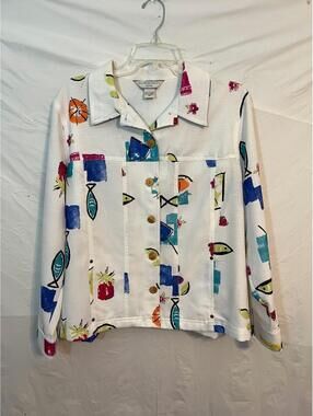 Allison Daley Petite White Novelty Fish Tropical Print Blouse / Jacket Size 16P